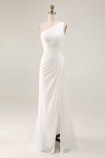 Ivory One Shoulder Ruched Engagement Dress with Slit